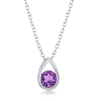 Sterling Silver Open Pear Shaped Round Amethyst Necklace ,