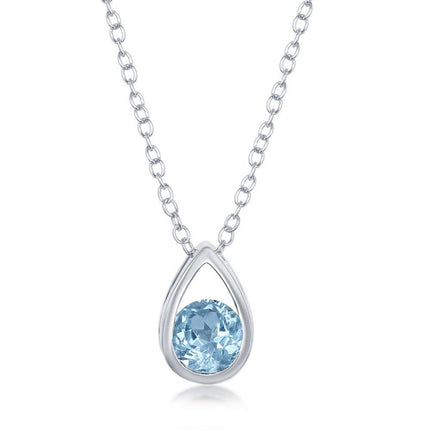 Sterling Silver Open Pear Shaped Round Blue Topaz Necklace ,