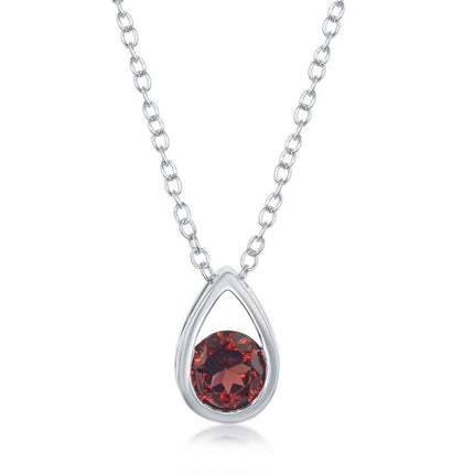 Sterling Silver Open Pear Shaped Round Garnet Necklace ,