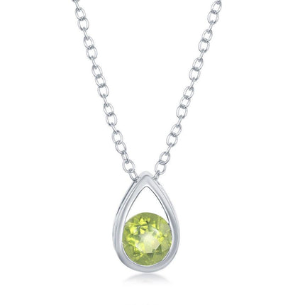 Sterling Silver Open Pear Shaped Round Peridot Necklace ,