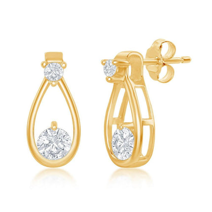 Sterling Silver Open Pearshaped Round CZ Earrings - Gold Plated ,