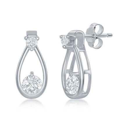 Sterling Silver Open Pearshaped Round CZ Stud Earrings ,