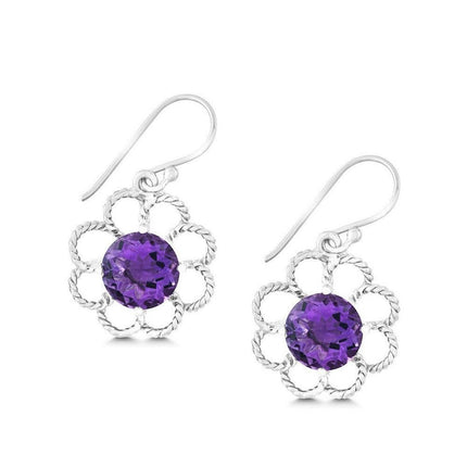 Sterling Silver Open Petal Flower with Center Round Amethyst Earrings ,