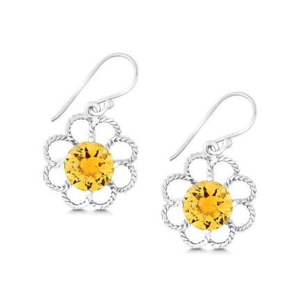 Sterling Silver Open Petal Flower with Center Round Citrine Earrings ,