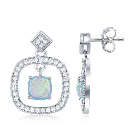 Sterling Silver Open Square Center Opal CZ Earrings ,