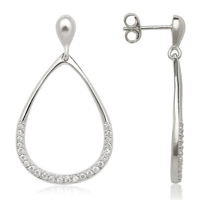 Sterling Silver Open Teardrop with Half CZ Earrings ,