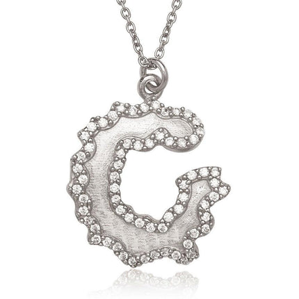 Sterling Silver Open Wavy Circle with Jagged CZ Border Necklace ,