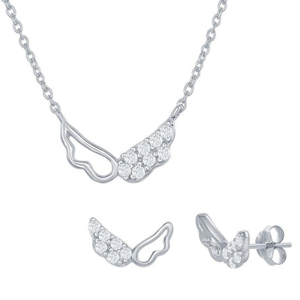 Sterling Silver Outline and CZ Wing Necklace and Earrings Set ,