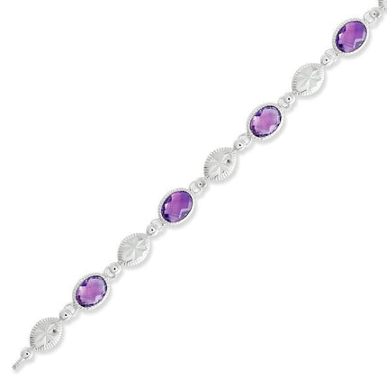 Sterling Silver Oval Amethyst Gemstone Bracelet, 7" ,