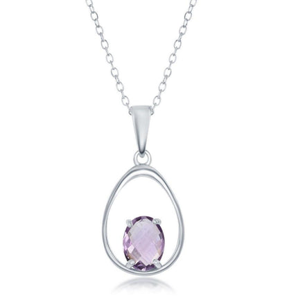 Sterling Silver Oval Amethyst Open Pear Shaped Necklace ,