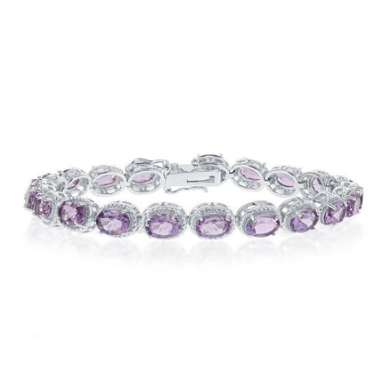 Sterling Silver Oval Amethyst with Rope Border Bracelet, 7.5" ,