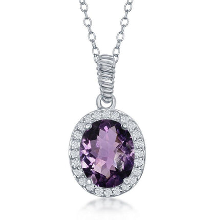 Sterling Silver Oval Amethyst with White Topaz Border Necklace ,