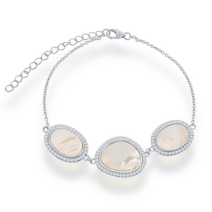 Sterling Silver Oval and Irregular MOP CZ Border Bracelet, 7.5" ,