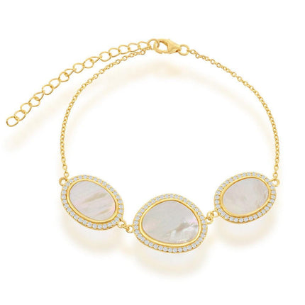 Sterling Silver Oval and Irregular MOP with CZ Border Bracelet ,