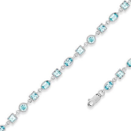Sterling Silver Oval and Square Blue Topaz Gem Bracelet, 7.5" ,