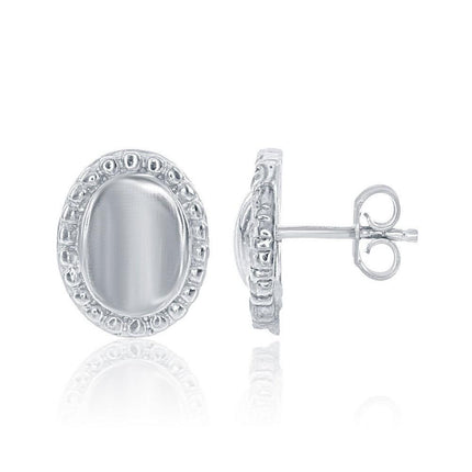 Sterling Silver Oval Beaded Border Stud Earrings ,