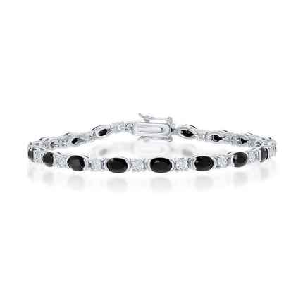 Sterling Silver Oval Black Spinel and Round White Topaz Bracelet ,