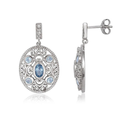 Sterling Silver Oval Blue and White Topaz Earrings ,