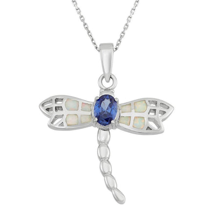 Sterling Silver Oval Blue CZ Dragonfly Pendant ,