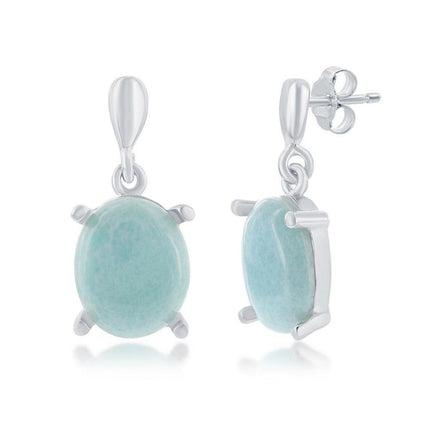 Sterling Silver Oval Blue Larimar Dangle Earrings ,