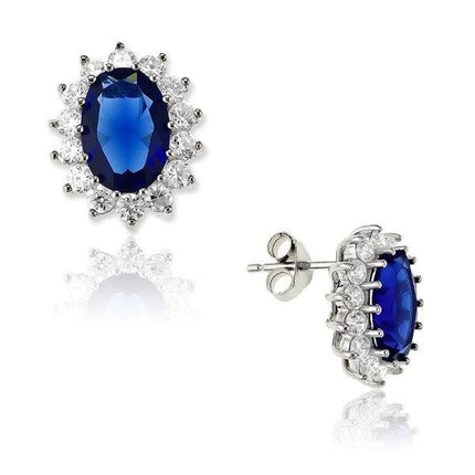 Sterling Silver Oval Blue Sapphire and Clear CZ Earrings ,