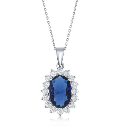 Sterling Silver Oval Blue Sapphire Clear CZ Pendant ,