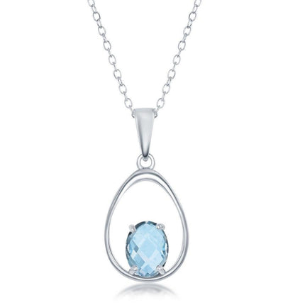 Sterling Silver Oval Blue Topaz Open Pear Shaped Necklace ,