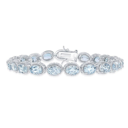 Sterling Silver Oval Blue Topaz with Rope Border Bracelet ,