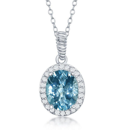 Sterling Silver Oval Blue Topaz with White Topaz Border Necklace ,