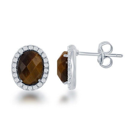 Sterling Silver Oval Brown Tiger Eye Stud Earrings ,