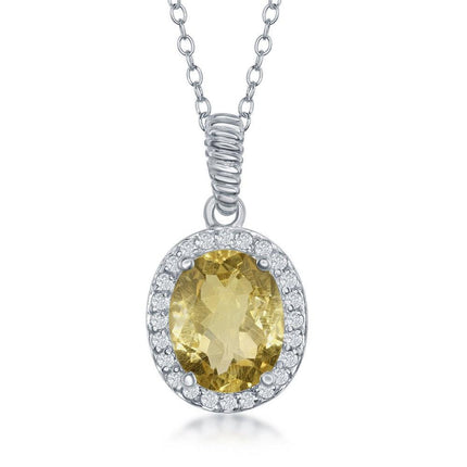 Sterling Silver Oval Citrine with White Topaz Border Necklace ,