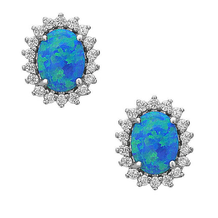 Sterling Silver Oval CZ Blue Inlay Opal Earrings ,
