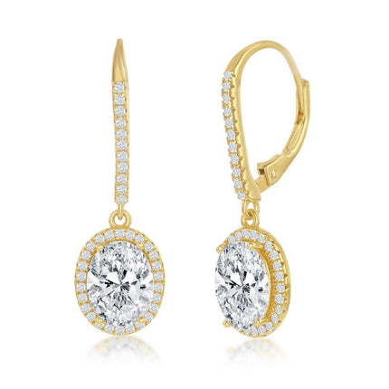 Sterling Silver Oval CZ Halo Dangling Earrings - Gold Plated ,