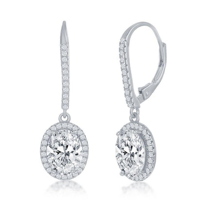 Sterling Silver Oval CZ Halo Dangling Earrings ,