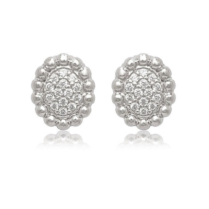 Sterling Silver Oval CZ with Beaded Stud Earrings ,