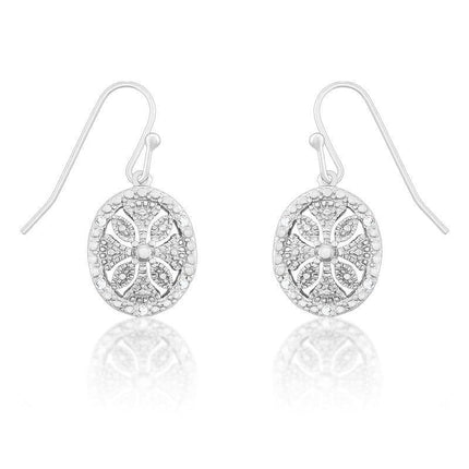 Sterling Silver Oval Disc Flower Diamond Earrings ,
