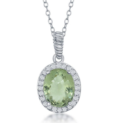 Sterling Silver Oval Green Amethyst with Topaz Border Necklace ,