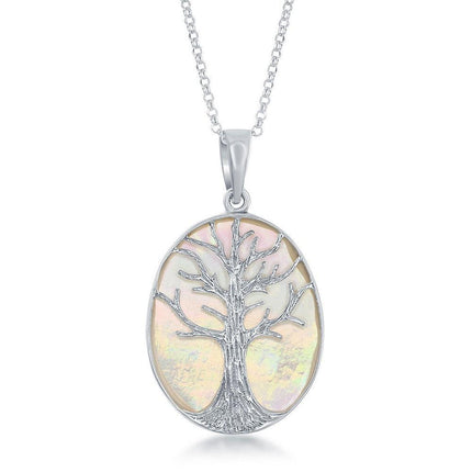 Sterling Silver Oval MOP with Tree Pendant Chain ,