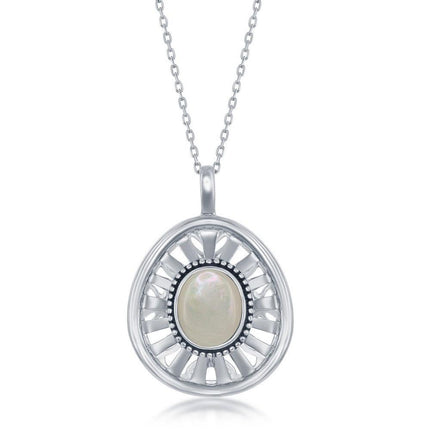 Sterling Silver Oval Mother of Pearl Open Designed Back Oxidized Pendant ,