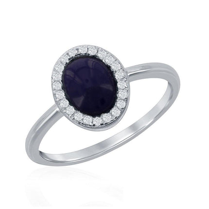 Sterling Silver Oval Navy Blue Lapis Stone with CZ Border Ring ,