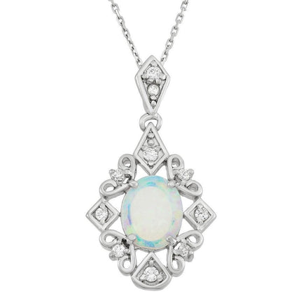 Sterling Silver Oval Opal Stone CZ Pendant ,