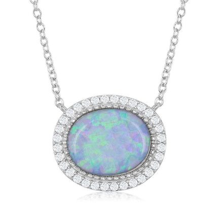 Sterling Silver Oval Opal with Cubic Zirconia Border Necklace ,