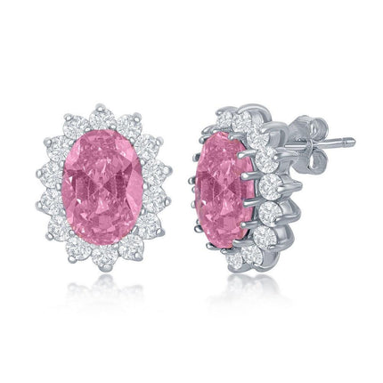 Sterling Silver Oval Pink CZ Clear Stud Earrings ,