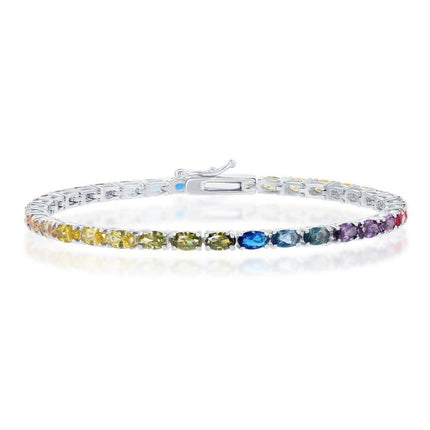 Sterling Silver Oval Rainbow CZ Tennis Bracelet, 7.5" ,
