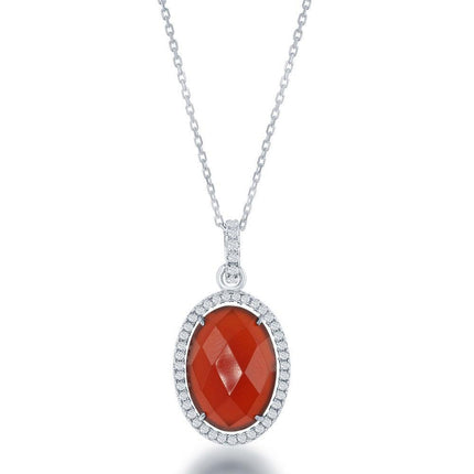 Sterling Silver Oval Red Carnelian CZ Pendant ,