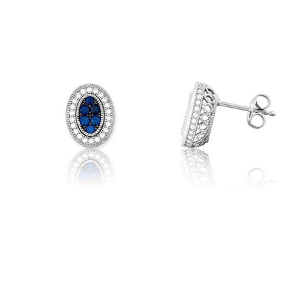 Sterling Silver Oval Sapphire Micro Pave Earrings ,