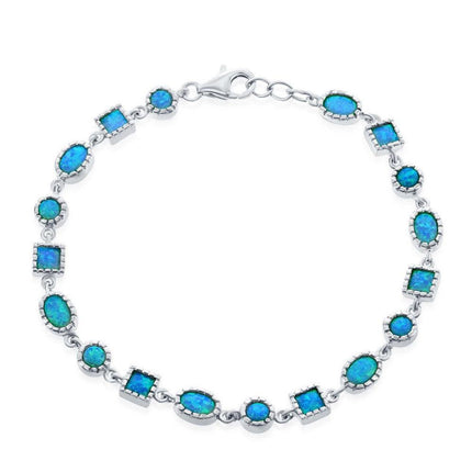 Sterling Silver Oval, Square and Circle Blue Inlay Opal Bracelet ,