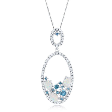 Sterling Silver Oval White Opal and Blue CZ Pendant ,