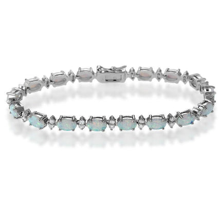 Sterling Silver Oval White Opal & Marquise Shape CZ Bracelet ,