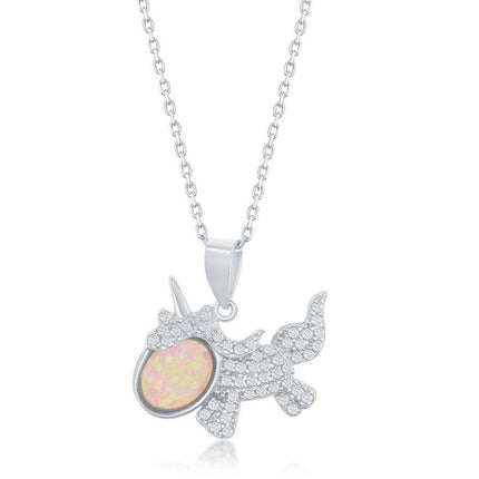 Sterling Silver Oval White Opal Unicorn CZ Pendant ,
